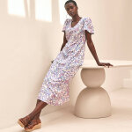 Robe longue col v imprim�e, manches papillon - blancheporte