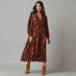 Robe longue col v manches blousantes, crpon imprim - lora zellini