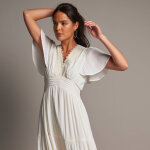 Robe longue en cr�pon et macram� - 36 - �cru - lora zellini