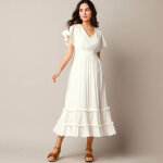 Robe longue crépon, manches volantées, broderie 3d - blancheporte Robe longue crépon, manches volantées, broderie 3d - blancheporte
