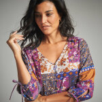 Robe longue imprimé patchwork col v - 36 - bleu - lora zellini Robe longue imprimé patchwork col v - 36 - bleu - lora zellini