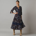 Robe longue imprime, manches 3 / 4, dtails macram - lora zellini