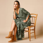 Robe longue imprime, manches 3 / 4, dtails macram - 36 - kaki - lora zellini