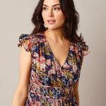 Robe manches courtes dtails volants, voile jacquard imprim - 40 - bleu - lora zellini