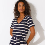 Robe mi - longue ceintur�e col v, maille ray�e - blancheporte