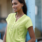 T - shirt col tunisien manches courtes, broderie anglaise - blancheporte