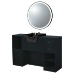 Poste de coiffage professionnel oke 7 98 / b noir avec vasque noire et miroir rond
