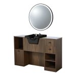 Poste de coiffage professionnel oke 7 b / b bois fonc� avec vasque noire et miroir rond