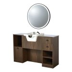Poste de coiffage professionnel oke 7 b / w bois fonc� avec vasque blanche et miroir rond