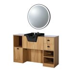 Poste de coiffage professionnel oke 7 br / b bois clair avec vasque noire et miroir rond