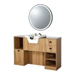 Poste de coiffage professionnel oke 7 br / w bois clair avec vasque blanche et miroir rond