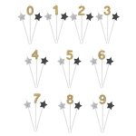 3 bougies d'anniversaire chiffre dores, argentes et noires 16 cm