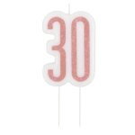 Bougie d'anniversaire sur pic 30 ans rose paillet� 7 cm