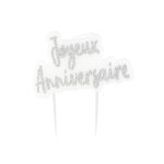 Bougie sur pique joyeux anniversaire argent�e paillet�e 8 x 5 cm