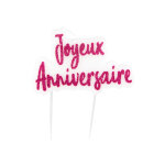 Bougie sur pique joyeux anniversaire fuschia paillet�e 8 x 5 cm