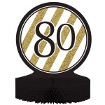 Centre de table en papier alv�ol� 80 ans noir et dor� 23 x 30 cm