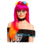 Perruque dia de los muertos rose et orange adulte