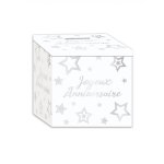 Urne en carton joyeux anniversaire blanc et argent