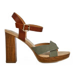 Sandales femme vert kaki talon effet bois mascara cuir