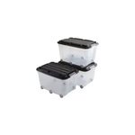 3 bacs de rangements � roulettes avec couvercle plastique klipso 60l transparent / noir