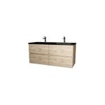 Ensemble sous vasque suspendu effet chne naturel 4 tiroirs + vasque double noire, l. 120 cm, galedo ...