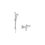 Kit de douche thermostatique avec douchette 3 jets + flexible + barre r�glable, chrome, hansgrohe combi ...