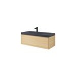 Meuble sous vasque 1 tiroir à suspendre goodhome avela placage chêne 100 cm + plan vasque en résine noir ... Meuble sous vasque 1 tiroir à suspendre goodhome avela placage chêne 100 cm + plan vasque en résine noir ...