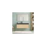 Meuble sous vasque 1 tiroir � suspendre goodhome avela placage ch�ne 100 cm + plan vasque en r�sine noir ...