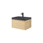 Meuble sous vasque 1 tiroir � suspendre goodhome avela placage ch�ne 60 cm + plan vasque en r�sine noir ...