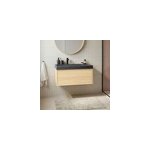Meuble sous vasque 1 tiroir � suspendre goodhome avela placage ch�ne 80 cm + plan vasque en r�sine noir ...