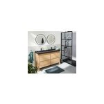 Meuble sous vasque  poser chne massif et plaqu chne l. 140 cm + plan vasque en quartz composite noir, ...
