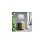 Meuble sous vasque � poser avec plan de toilette l. 84 x h. 80 x p. 50 cm, placage ch�ne et cannage, ...