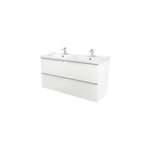 Meuble vasque suspendu blanc brillant l. 120 cm imandra + plan double vasque blanc cramique lana, goodhome ...