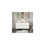 Meuble vasque suspendu blanc brillant l. 120 cm imandra + plan de toilette ch�ne massif hartland, goodhome ...