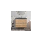Meuble vasque suspendu faible profondeur effet chne l. 80 cm imandra + plan vasque noir cramique nira, ...