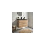 Meuble vasque suspendu faible profondeur effet ch�ne l. 80 cm imandra + plan vasque noir c�ramique nira, ...