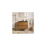 Meuble vasque suspendu faible profondeur effet noyer l. 80 cm imandra + plan vasque noir c�ramique, nira ...