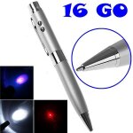 Stylo 5 en 1 cl usb 16 go + pointeur laser + lampe de poche  led + uv - argent