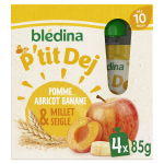 Compote bébé dès 10 mois pomme abricot banane et millet seigle bledina - les 4 gourdes de 85g Compote bébé dès 10 mois pomme abricot banane et millet seigle bledina - les 4 gourdes de 85g