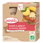 Compotes bb ds 6 mois, pomme abricot banane babybio - les 4 gourdes de 90 g