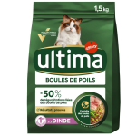 Croquettes pour chat adulte boules de poils dinde ultima - le sac d'1, 5kg