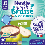 Dssert pour bb ds 6mois, au lait de coco poire p'tit brasse nestle - le lot de 4 pots de 90g