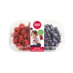 Duo de framboise et myrtille et son sachet de coulis - la barquette de 290g Duo de framboise et myrtille et son sachet de coulis - la barquette de 290g