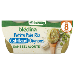 Plat bb ds 8 mois petits pois riz cabillaud et petits oignons bledina - les 2 pots de 200g