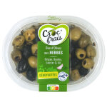 Olives vertes et noires dénoyautées aux herbes, doux croc'frais - la barquette de 200g Olives vertes et noires dénoyautées aux herbes, doux croc'frais - la barquette de 200g