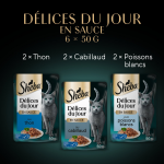 P�t�e pour chat adulte en sauce thon cabillaud d�lices du jour sheba - les 6 sachets fra�cheur