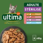 P�t�e pour chat adulte st�rilis� en sauce poulet saumon dinde truite fit & delicious ultima - les 8 sachets ...