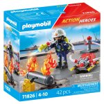 Pompier avec pompeà eau et réservoir enflammé playmobil - la boite Pompier avec pompeà eau et réservoir enflammé playmobil - la boite