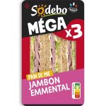 Sandwichs club pain complet jambon emmental sodebo - 3 clubs triangles - 230 g