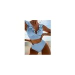 Ensemble de maillots de bain bikini  taille haute et col en v,  volants sexy pour femmes, bleu ciel ...